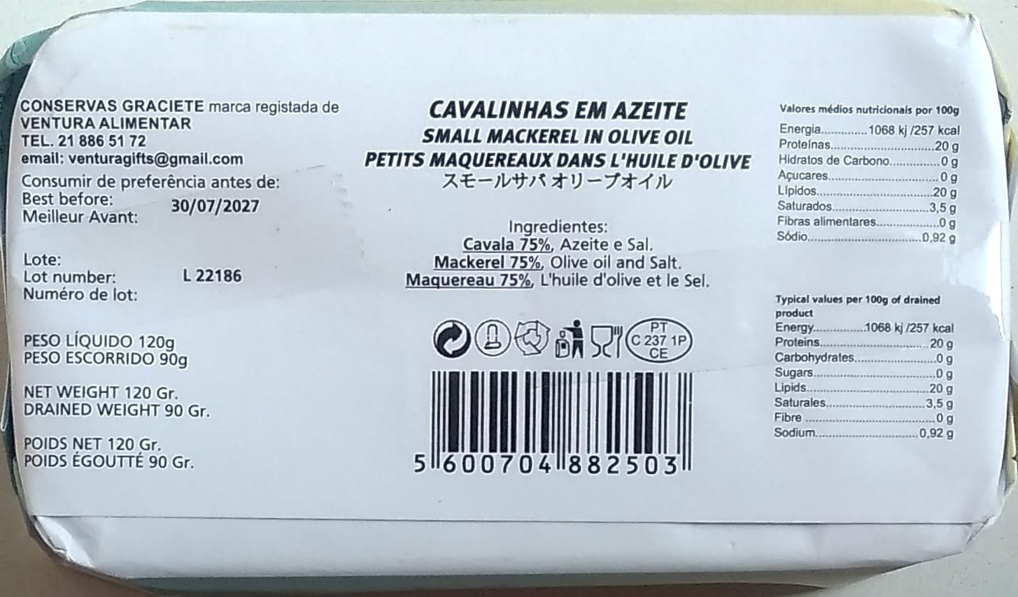 Conservas GRACIETE - Caballa pequeña en conserva en aceite de oliva - 4.23oz / 120gr (paquete de 5 latas)