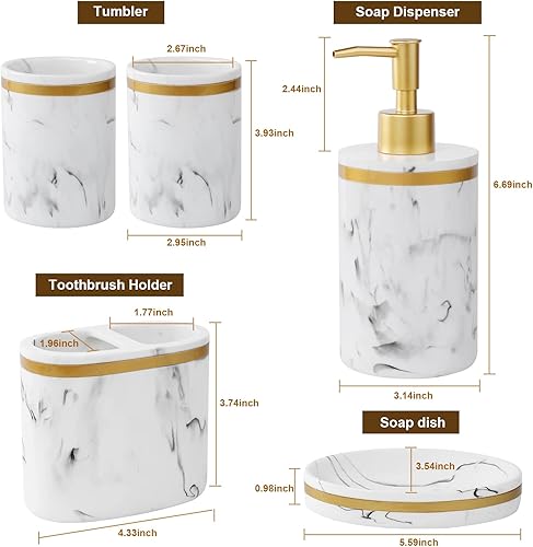 Miniatura 4 de WEYEEN Juego de accesorios de baño juego de 5 piezas de accesorios de encimera de baño con patrón de mármol con dispensador de jabón de baño soporte