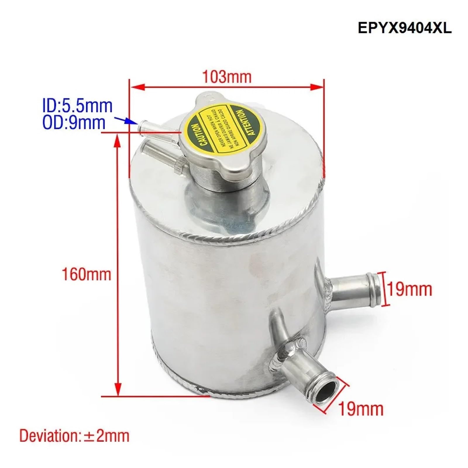 Uniwersalny aluminiowy zbiornik wyrównawczy płynu chłodzącego ze zbiornikiem na wodę i nakrętką w kolorze srebrnym EPYX9404XL Zestaw zbiornika rozprężnego