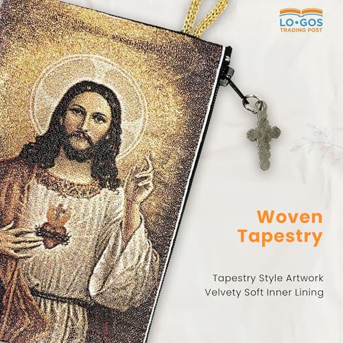 Image of Catholic Rosary Pouch, 4 inch x 6 inch Jewelry & Coin Purse with Cross, Small Woven Tapestry Icon Bag, Bolsa de Rosario Catolico para Joyeria, Our Lady of Mount Carmel & Sacred Heart of Jesus, 4 inch x 6 inch