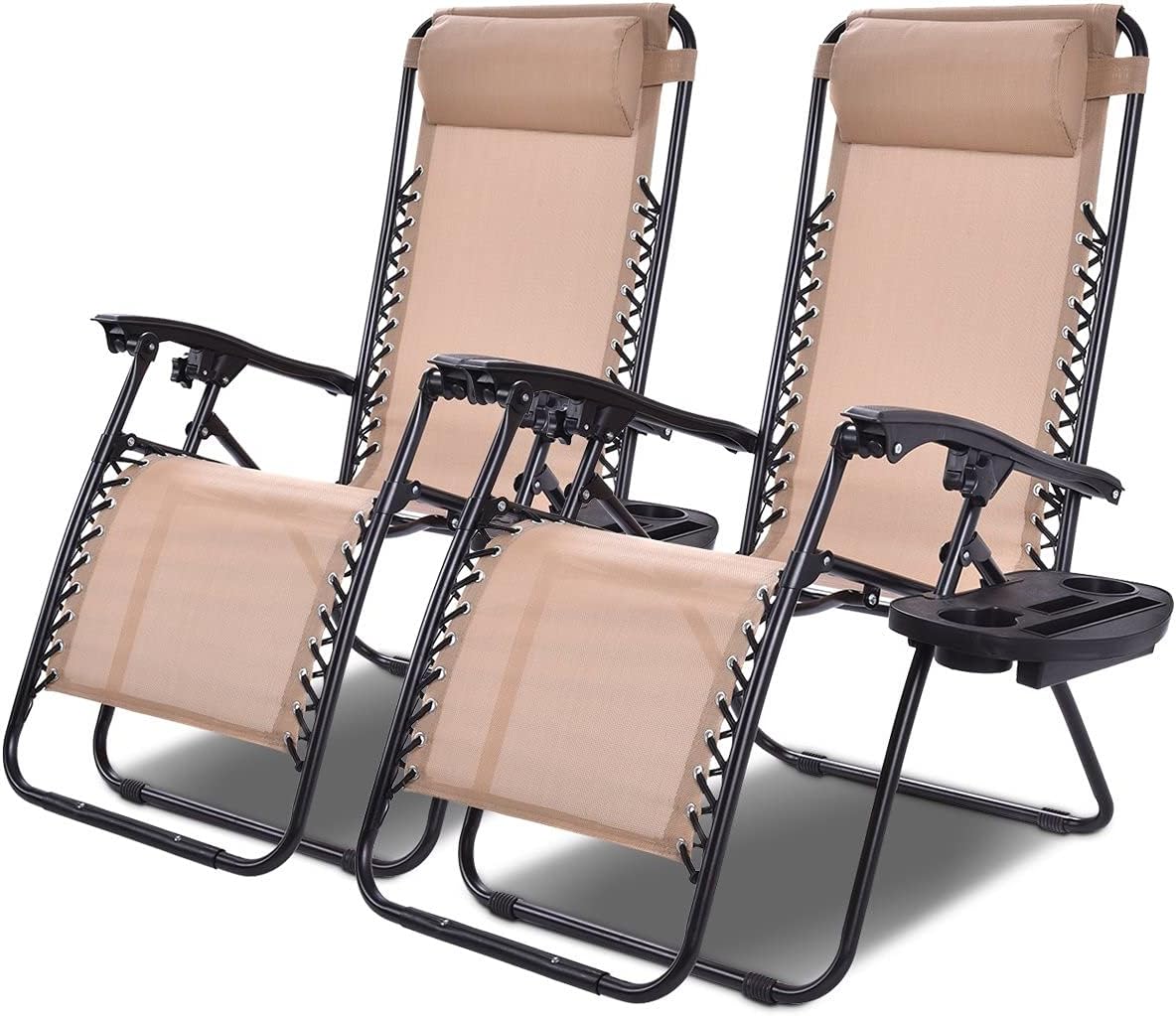 2PCS Outdoor Zero Gravity Chair Set, Reclining Chair w/Adjustable Backrest & Removable Pillow, Relaxing Lounge Patio Folding Recliner w/Cup Holder for Backyard/Beach/Poolside (Beige)