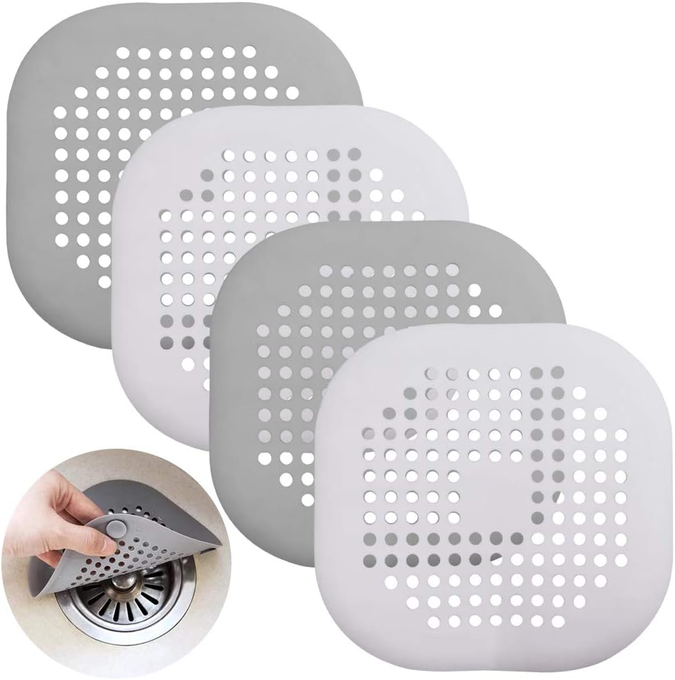 4 Pcs Silicone Drain Protector with Sucker, SENHAI Sink Strainer Shower Hair Catcher Bathtub Drain Cover for Kitchen Bathroom - White,Grey