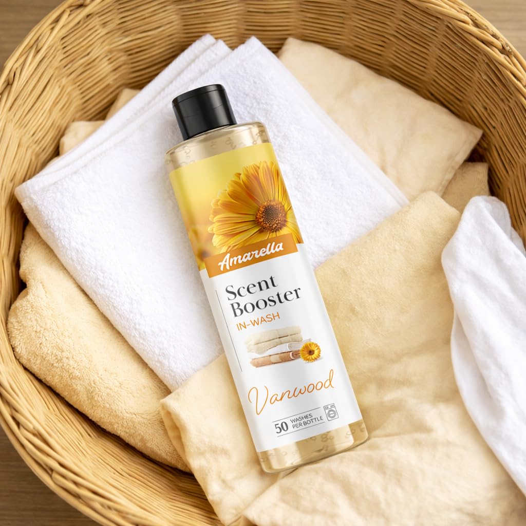AMARELLA Wäscheparfum Set 4×250 ml - Vanwood, Duftkonzentrat für Textilien, intensiver Wäscheduft, über 50 Wäschen je Flasche, lang anhaltende Frische