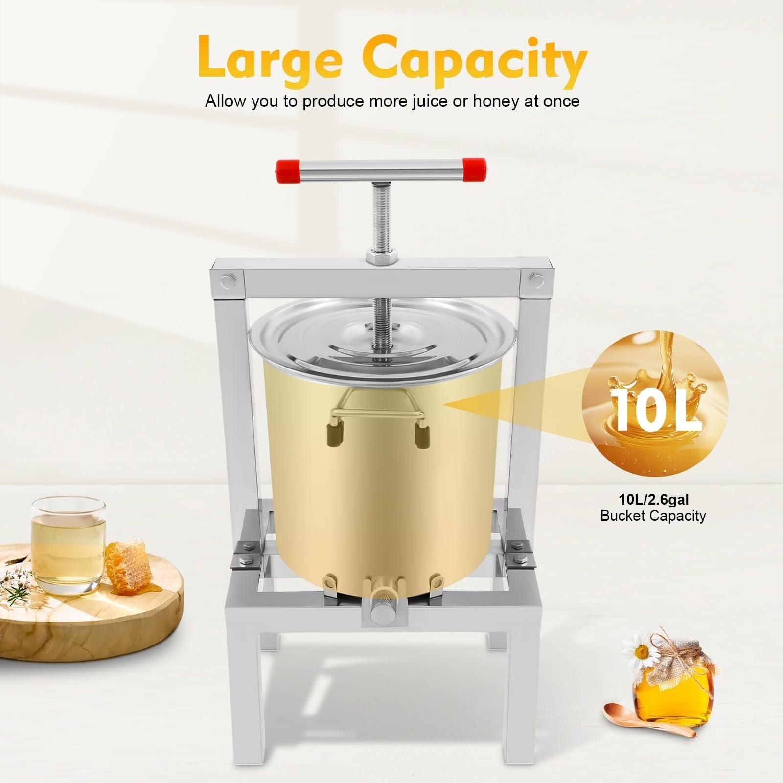 Questa pressa per Miele da 10 Litri, pressa per Sidro in Acciaio Inossidabile con Filtro, pressa Manuale per Frutta e Vino, 2 Maniglie a T, Sistema Anti-Schizzo per Miele e Frutta Fai da Te