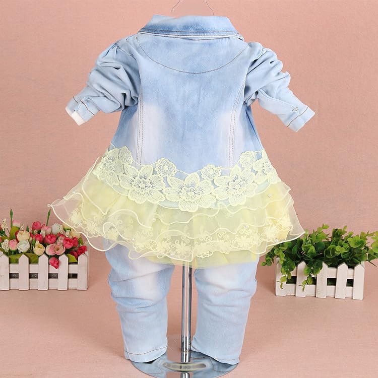 Image of Yao Baby Girls Denim Clothing Sets 3 Pieces Sets T Shirt Denim Jacket and Jeans