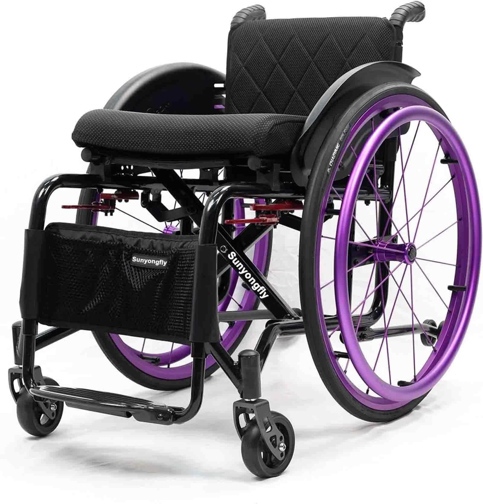 SXSLTSA Portable Wheelchair, Lightweight Foldable Sports Wheelchair, Self-propelled Manual Chair with Anti-Tipper, Trolleys for Adults(Purple)