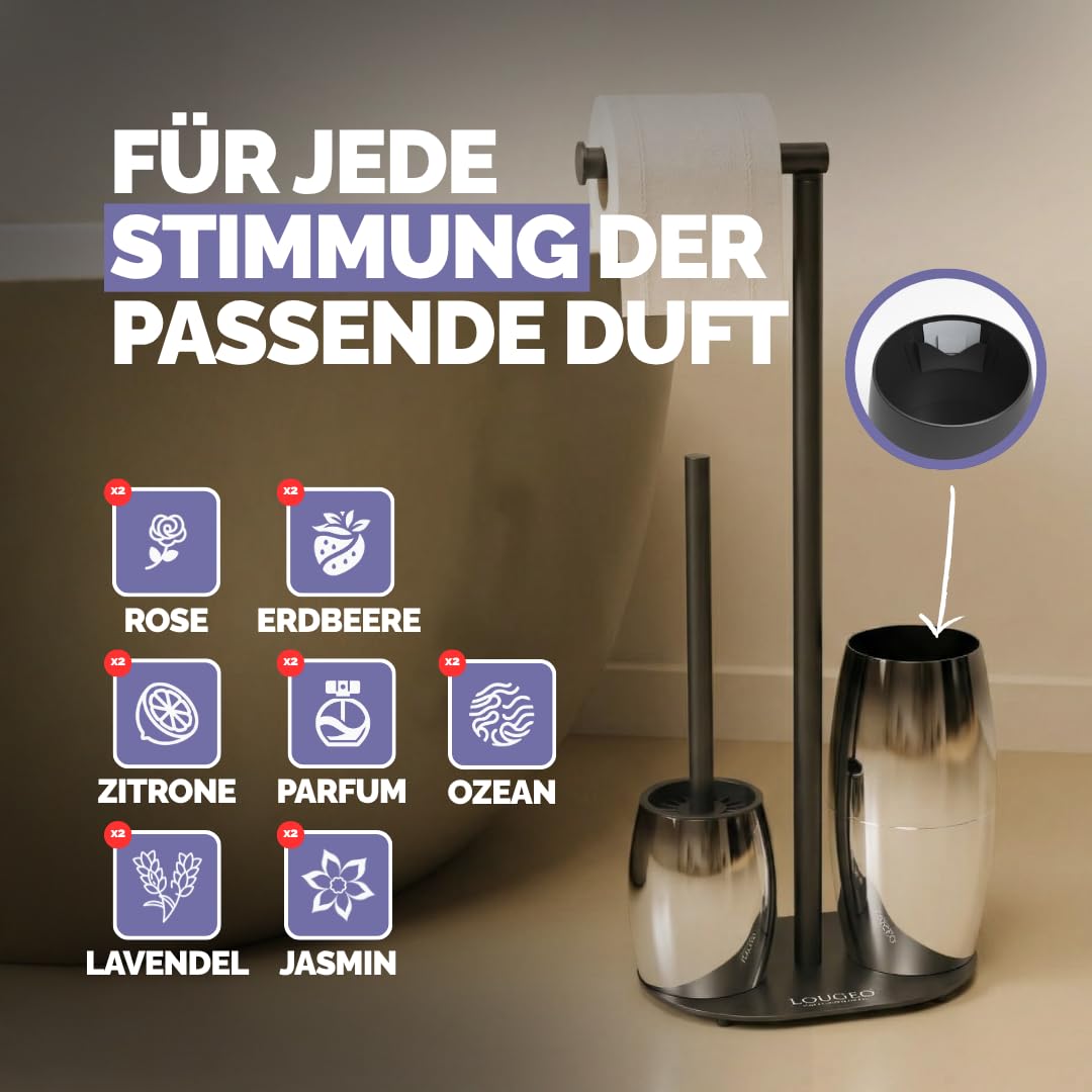 WC-Bürste mit Toilettenpapierhalter 3-in-1 – Chrom – Includes 14 Scent Tablets – Anti-Splash Design – Self-Cleaning – Freestanding Stainless Steel Toilet Paper Holder (Silberoptik)