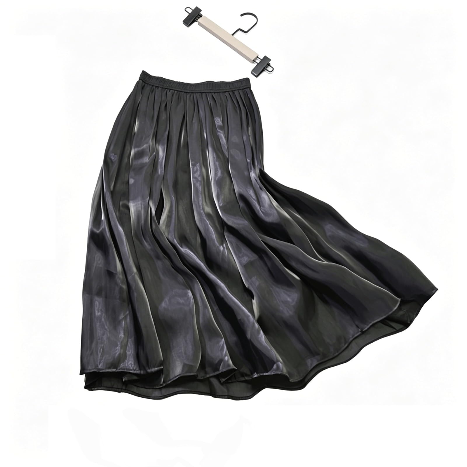 DUddTTW Silky Maxi Skirts Pleated Women's Midi Skirt High Waisted Swing Skirt A-line Midi Length Flowy Long Skirt Ankle Length Skirts(Nero)
