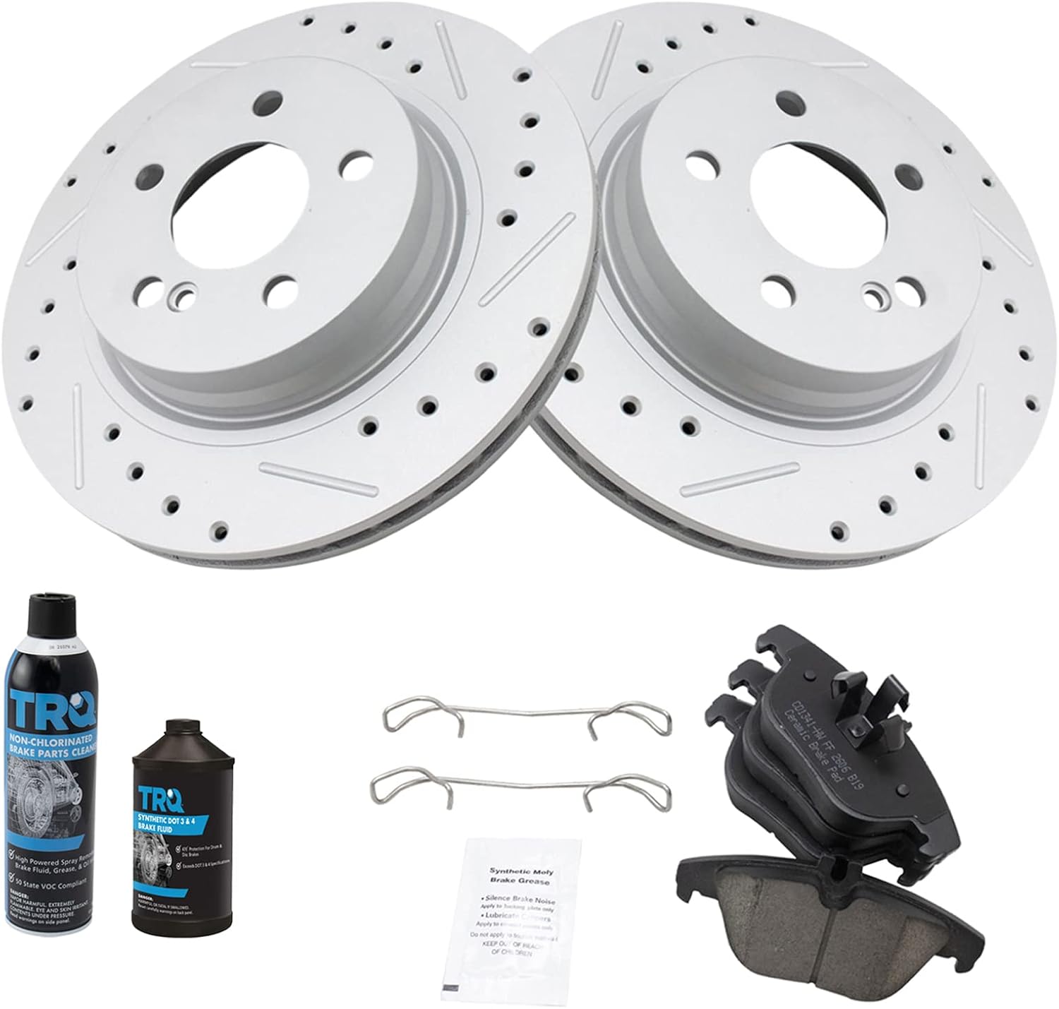 TRQ Rear Brake Pad & Rotor Kit Ceramic Premium G-Coated Slotted X Drilled Compatible with 2012-2014 Mercedes-Benz C250 2013-2014 C300 2008-2015 C350 2010-2012 E350 2010-2013 E550