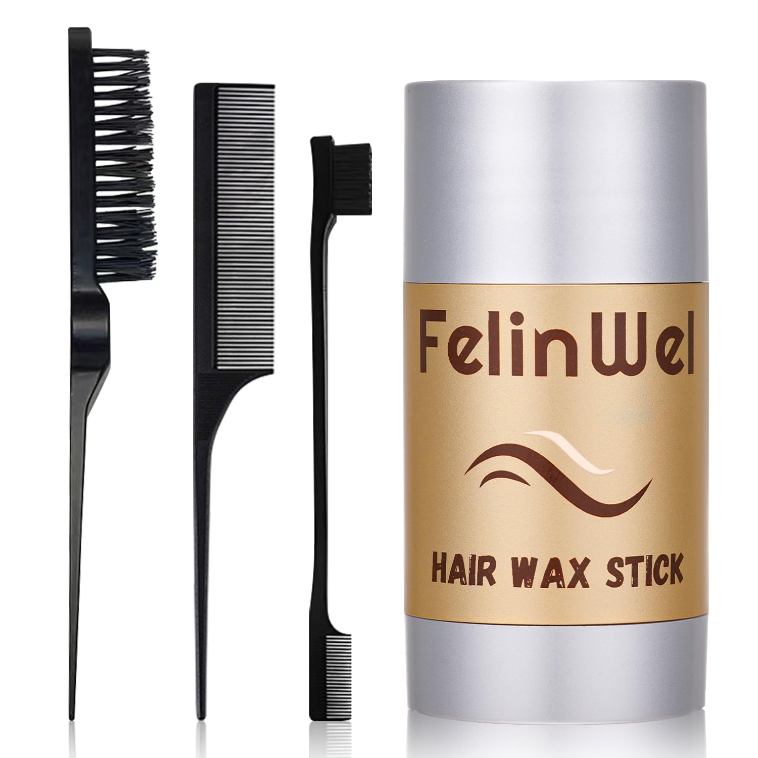 FelinWel Hair Wax Stick, Edge Control Stick for Fly Away & Hair Wigs, Long Lasting Slick Back Hair Products for All Hair Types, with 3pcs Hair Brushes