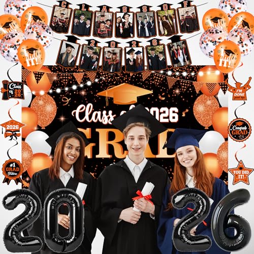 Image of Holkcog 2026 Graduation Decorations, Orange Themed Class of 2026 Congrats Graduation Banner Backdrop, Balloons, Paper Pompoms for Graduation Party Decorations, Outdoor Indoor Grad Party Decor Supplies