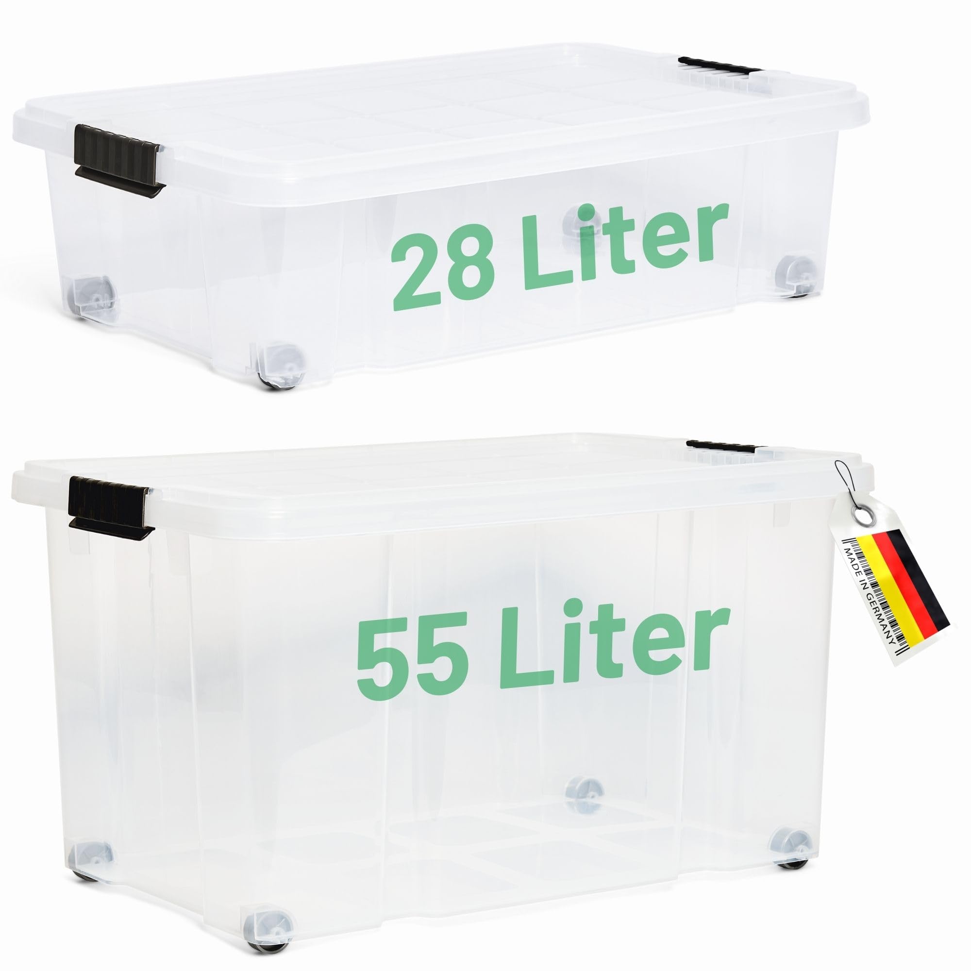 Novaliv - Set di 2 contenitori con coperchio, trasparente, 1 x 55 l + 1 x 28 l, impilabili, con chiusura a clip, senza BPA