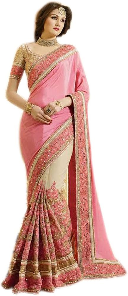Bollywood Saree with Blouse in Silk Fabric-Beige & Pink Color