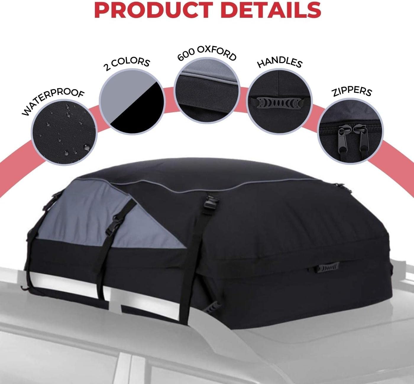 Coffres de Toit de Voiture (792 litres) Étanche en Oxford 600 + Intérieur en PVC, Flexible avec 6 Sangles pour Installation dans des Voitures avec ou sans Galerie de Toit. (160x110x45cm)