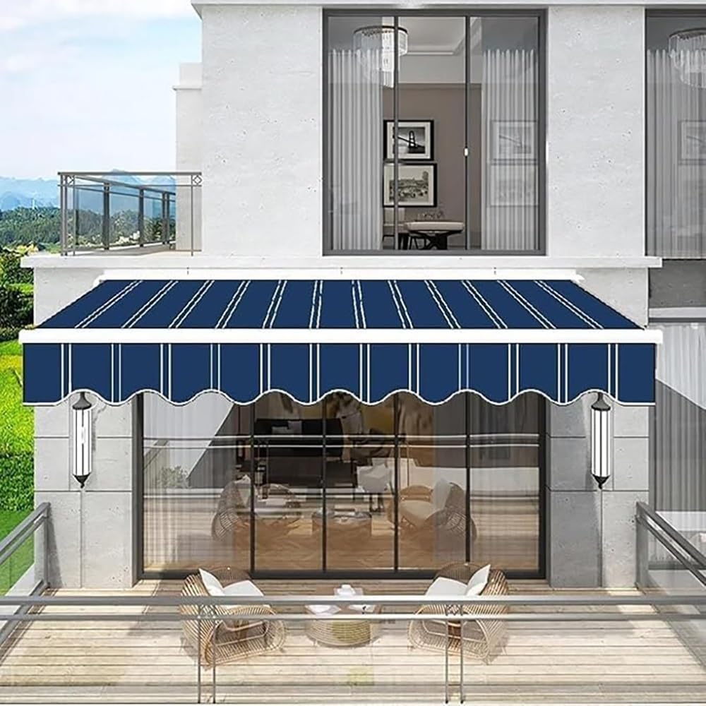 Tessuto di ricambio per tenda da patio retrattile, 3,7 x 3 m, tenda parasole a caduta manuale, impermeabile, in tela di poliestere con mantovana per terrazza, balcone e finestra, colore: blu