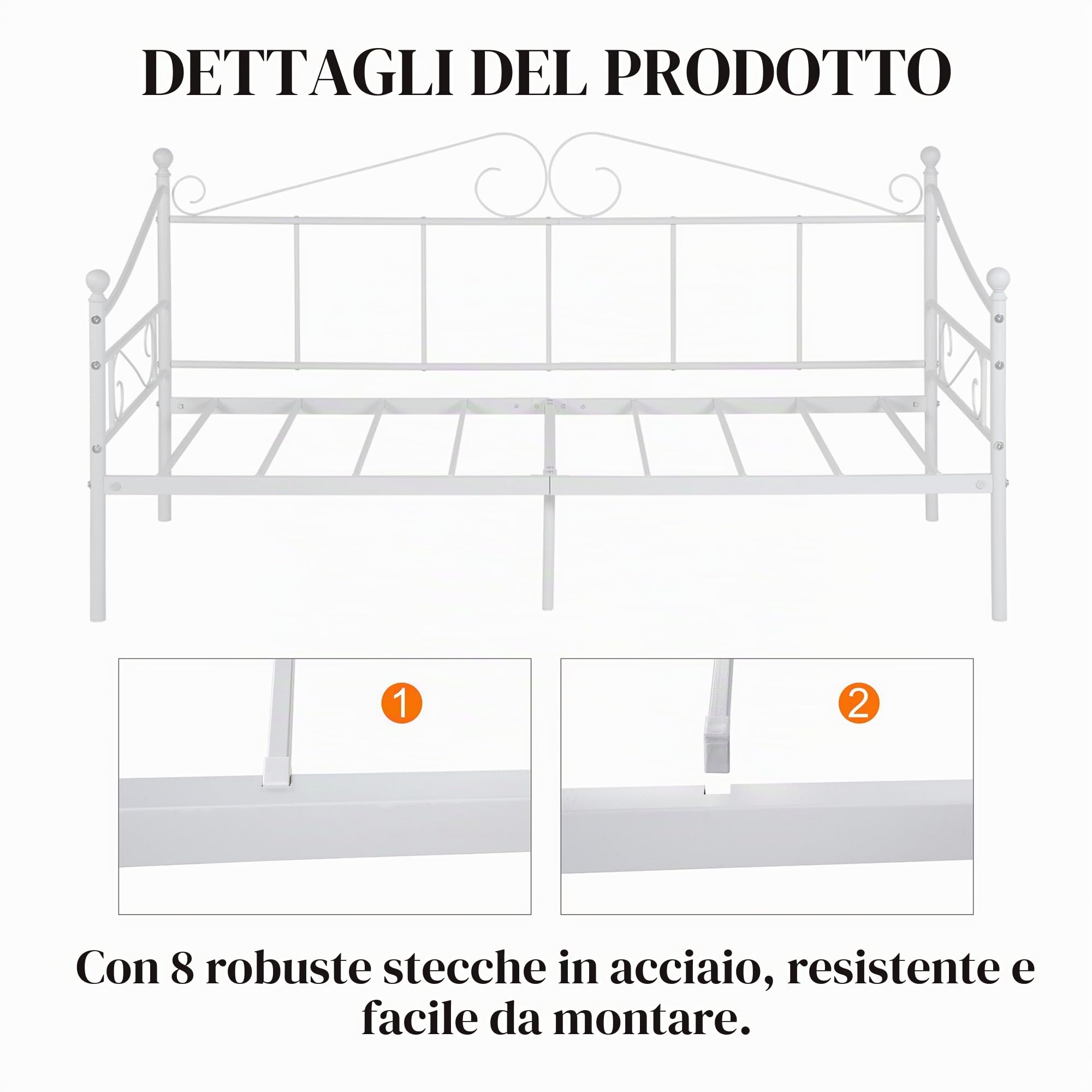 Struttura Letto Divano Singolo 90x190, Letto in Ferro Battuto per Materasso 90x190 cm, Sofa Day bed Letti per Camera/Soggiorno/Veranda/Giardino/Bianco(Stile A)