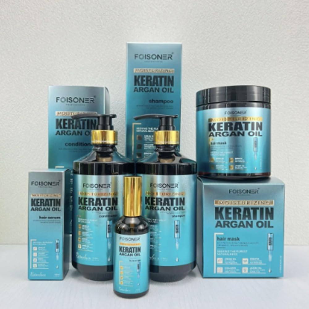 Pack Keratina Profesional FOISONER con Aceite de Argán – Champú, Acondicionador, Mascarilla y Sérum – Tratamiento Hidratante, Reparador y Antifrizz – Cabello Suave, Liso y Brillante