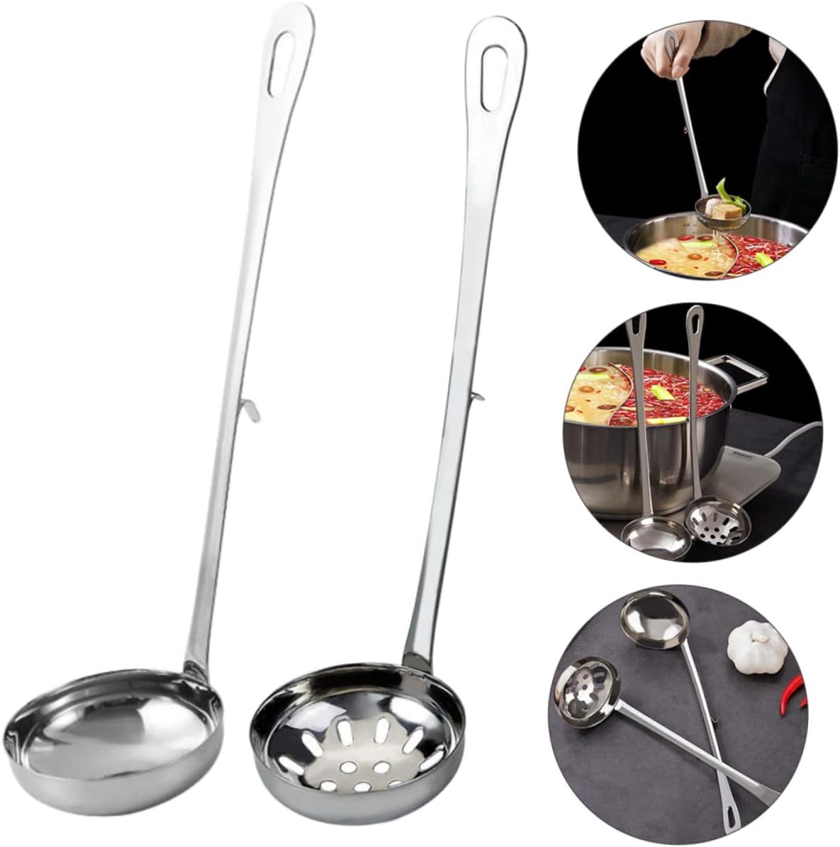 SMASOLO 2sets Stainless Steel Soup Ladle with Hook Handle Hot Pot Utensil Colander and Serving Spoon for Kitchen Use Resistant and Easy to