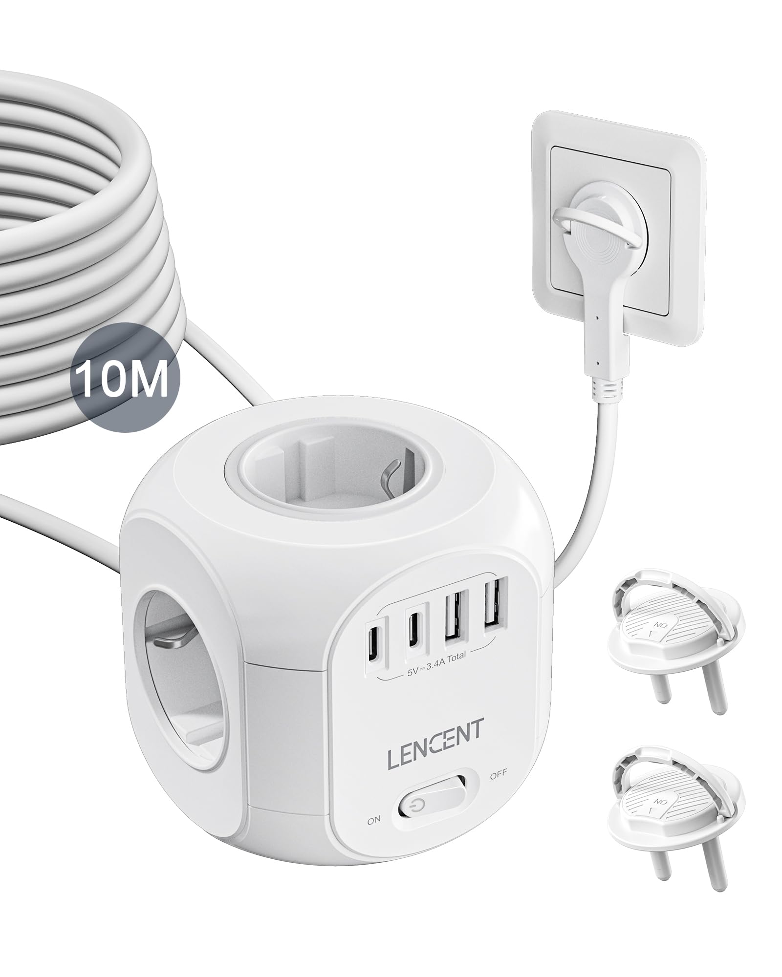 LENCENT 8 in 1 Ciabatta Cubico da 10M, Presa Multipla con Spina Piatta | Ciabatta Elettrica con 4 Prese AC, 2 USB-A e 2 USB-C, Presa Schuko Salvaspazio con Interruttore per Cucina Casa Ufficio