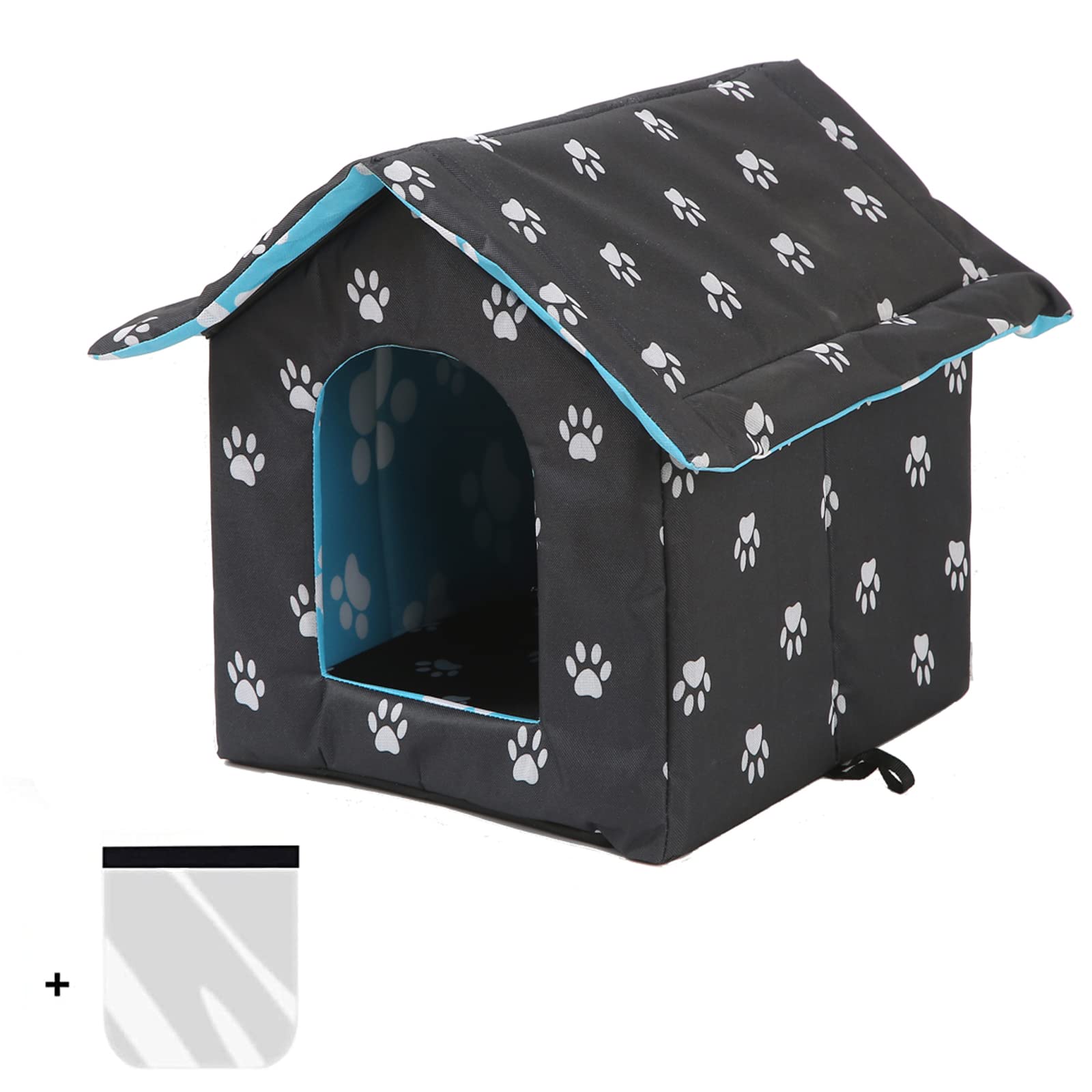 Katzenhaus Outdoor, Katzenhöhle für Draußen, Katzenhaus Für Draußen Winterfest Wasserdicht, Welpenhütte im Freien, Mit abnehmbarem Transparentem Vorhang (S, Black)