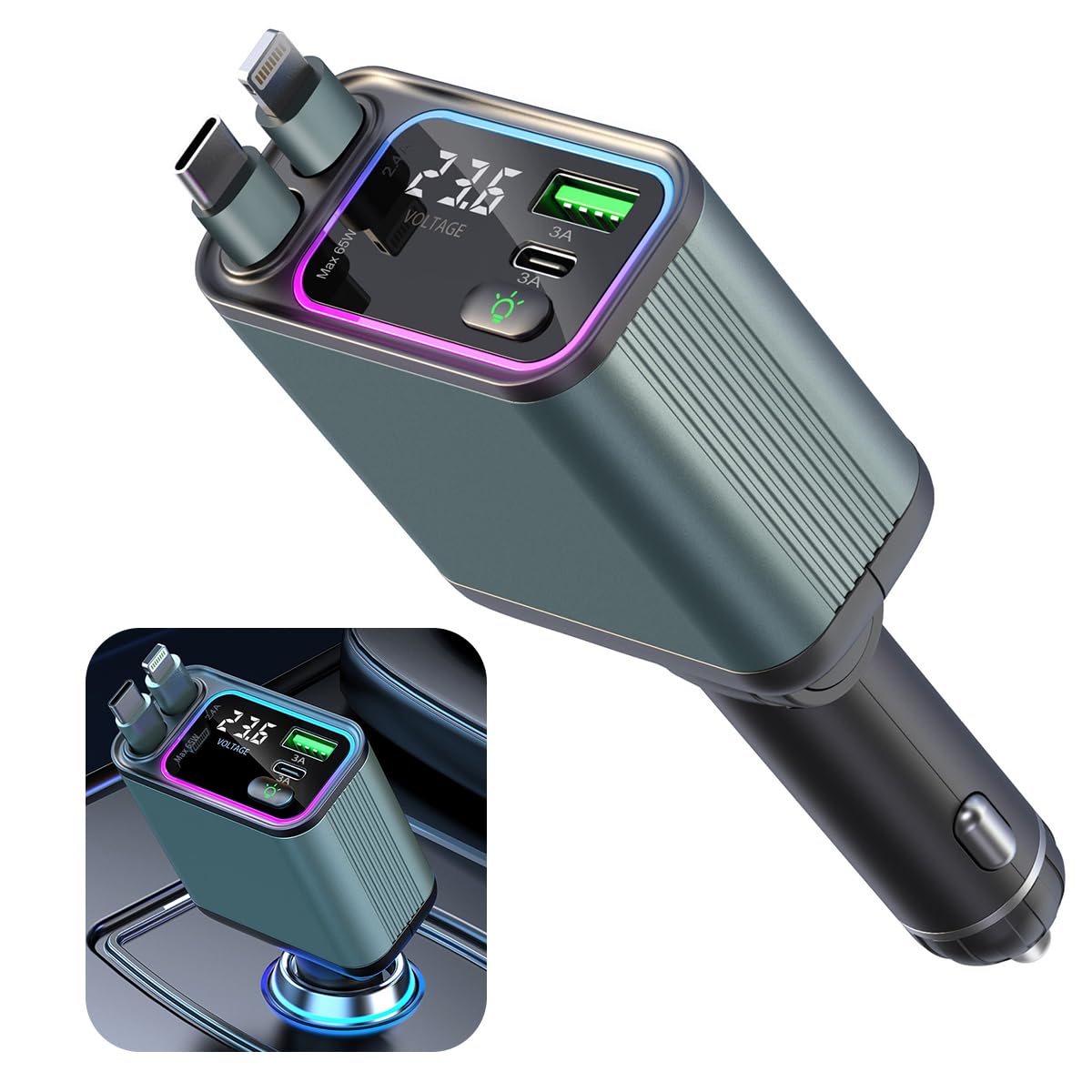 AMPERE 90W Retractable Car Charger - 4 in 1 Fast Car Charger with USB-C & Lightning Cables & Dual USB Ports (Type-C PD & USB-A), LED Indicator, Compatible with iPhone & Type-C Android Smartphones