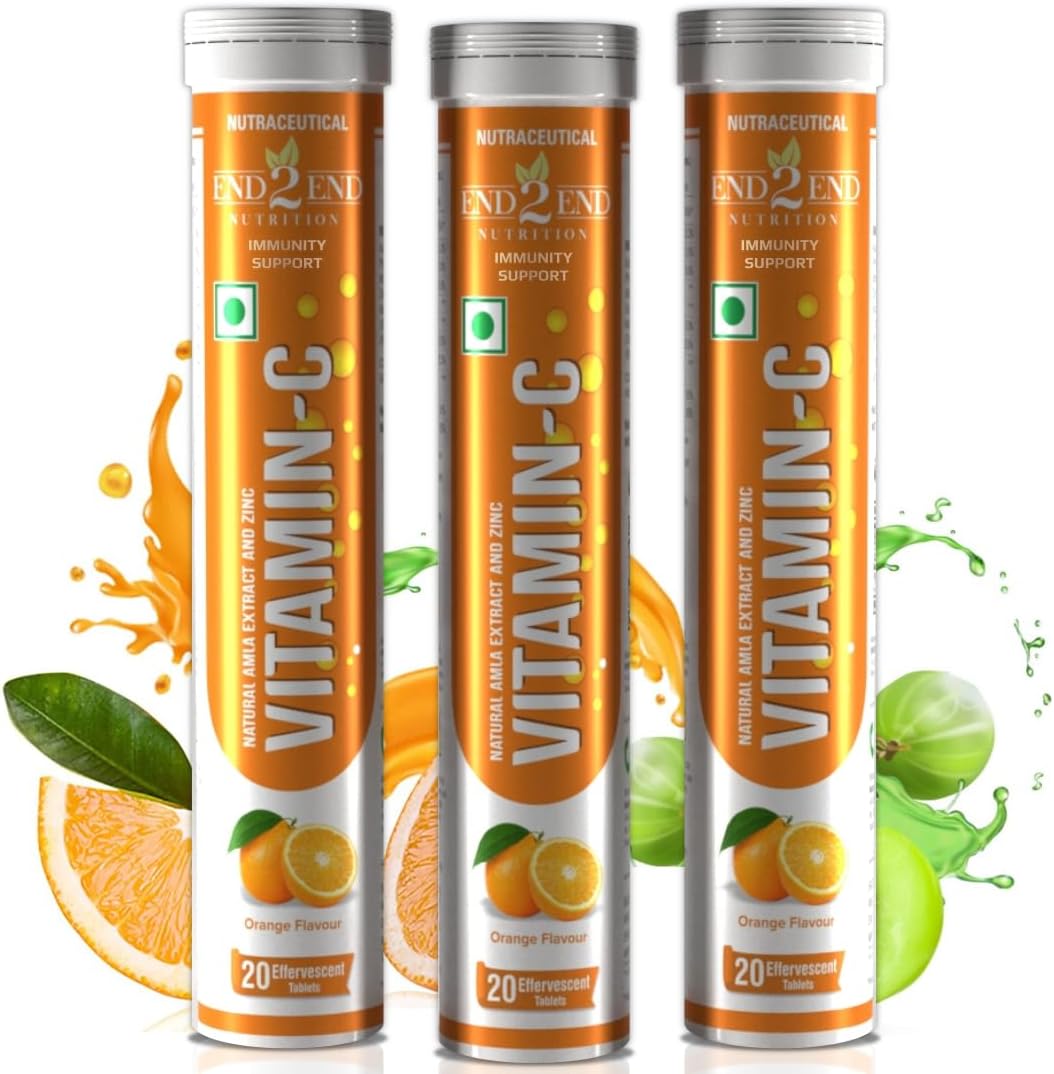 End2End Nutrition Natural Vitamin C - Amla Extract + Zinc for Immunity | Helps to Boost Collagen for Healthy Skin, Hair & Nails | Orange Flavour - (Pack of 3) 60 Effervescent Tablets