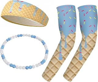 3 Pcs Ice Cream Drip Baseball Accessories, Headband Arm Sleeves, Necklace | Light blue drip print, 24 × 10 cm headband, paired arm sleeves and 18 in necklace for games, training and team events