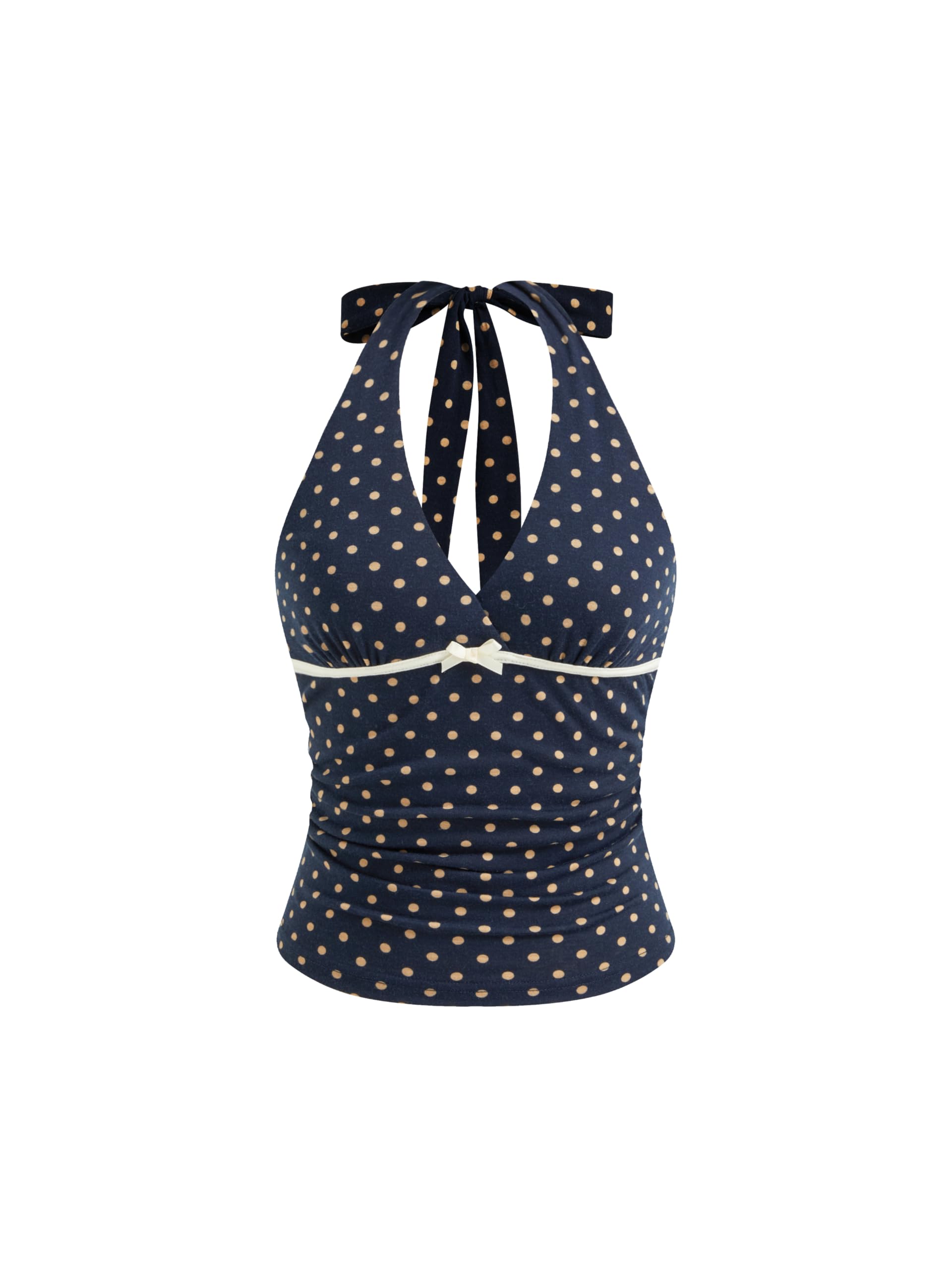 CIDER Women Halter Tank Top Polka Dot V Neck Bowknot Ruched Sleeveless Y2K Tops