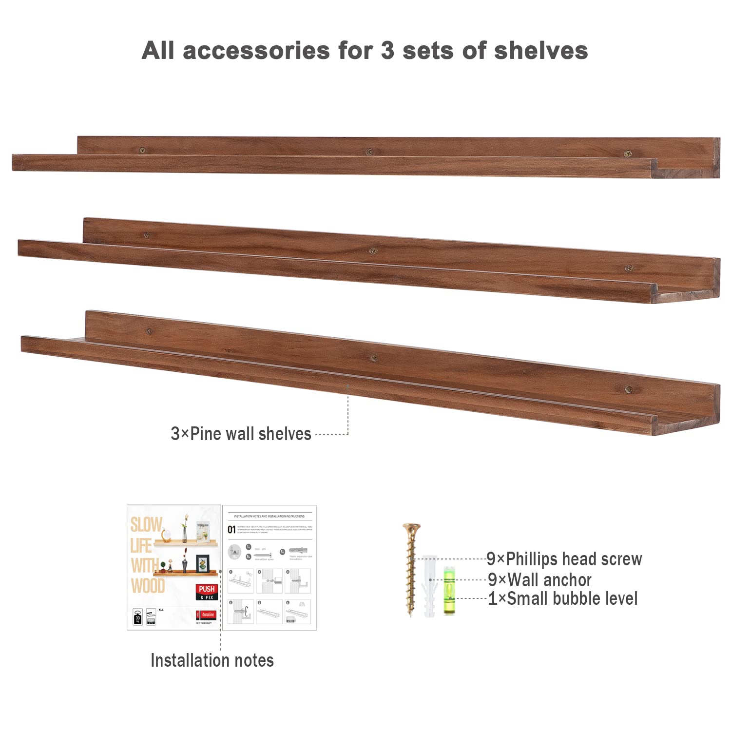 AZSKY 48 in Long Floating Shelves Wall Mounted Light Walnut Narrow Photo Picture Ledge Shelves Set of 3 Nursery Book Shelves Photo Frames Display Shelves Kitchen Spice Rack