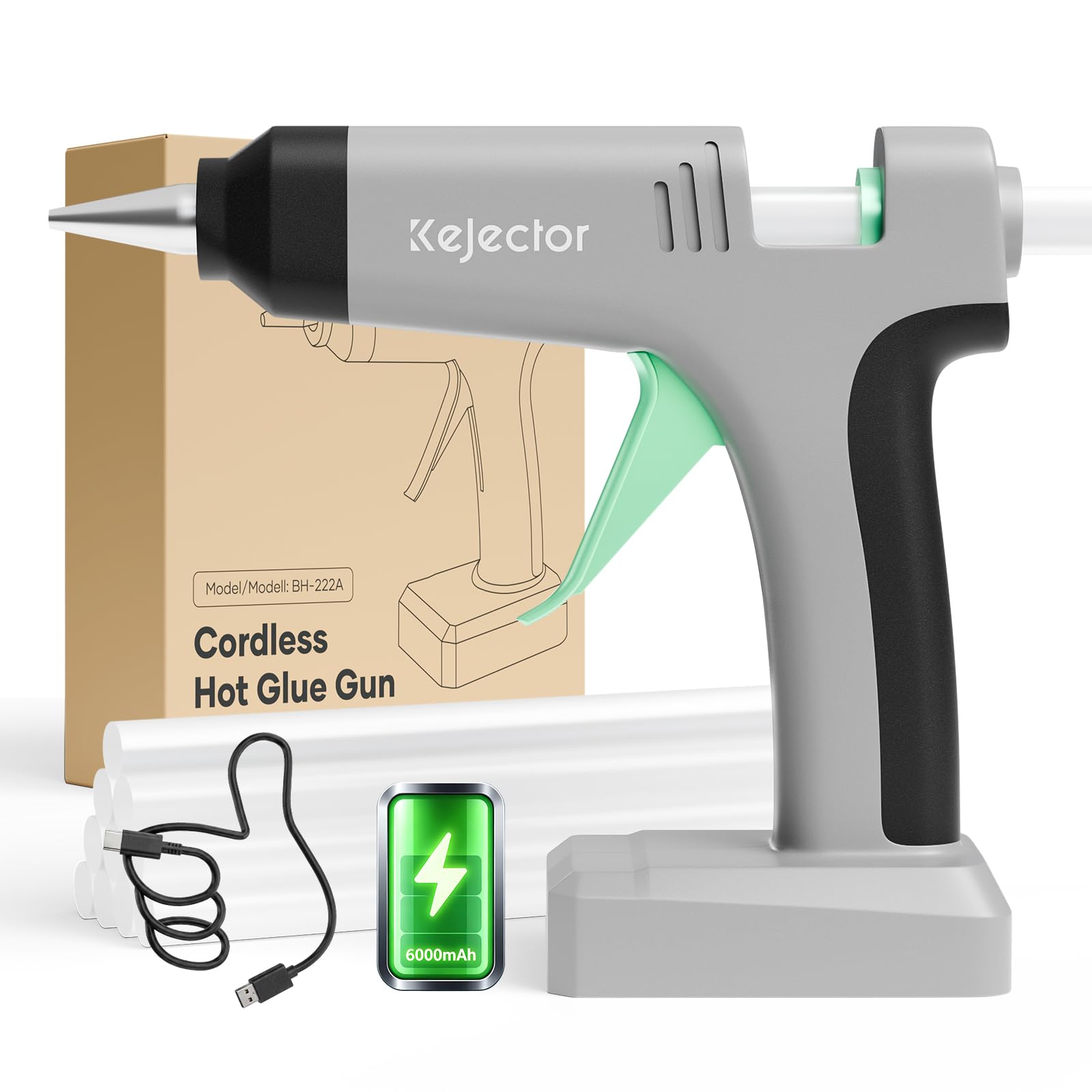 Eingebauter 6000 mAh Akku Heißklebepistole, 60W Kabellose Heißklebepistole | 10 umweltfreundlichen Klebestiften(Durchmesser 11mm×150mm),Nicht herausnehmbarer Akku,für Haushalt,Handarbeit und Reparaturen