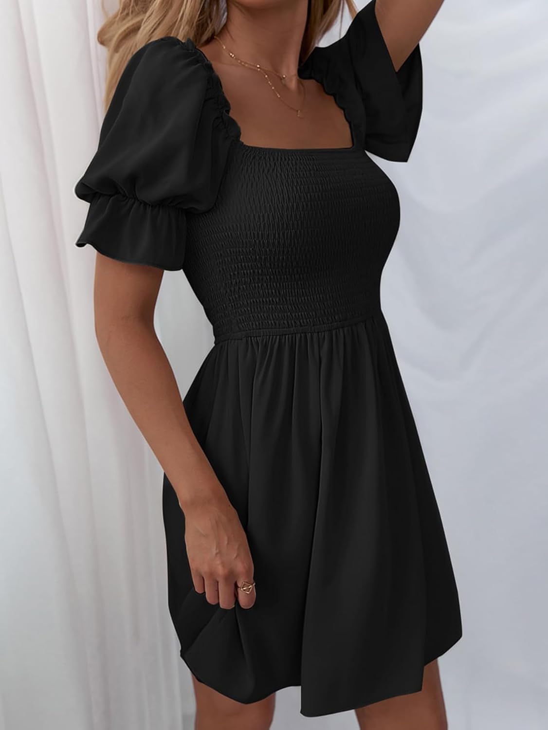 WDIRARA Women's Square Neck Flounce Short Sleeve Shirred Ruffle Hem Dress - Image 6