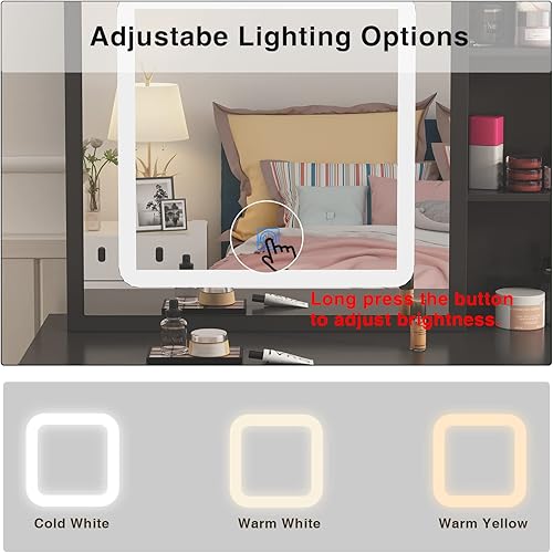 Miniatura 3 de Homsee Juego de escritorio de tocador con espejo grande iluminado deslizante, tocador con 5 cajones, estantes de almacenamiento y taburete acolchado