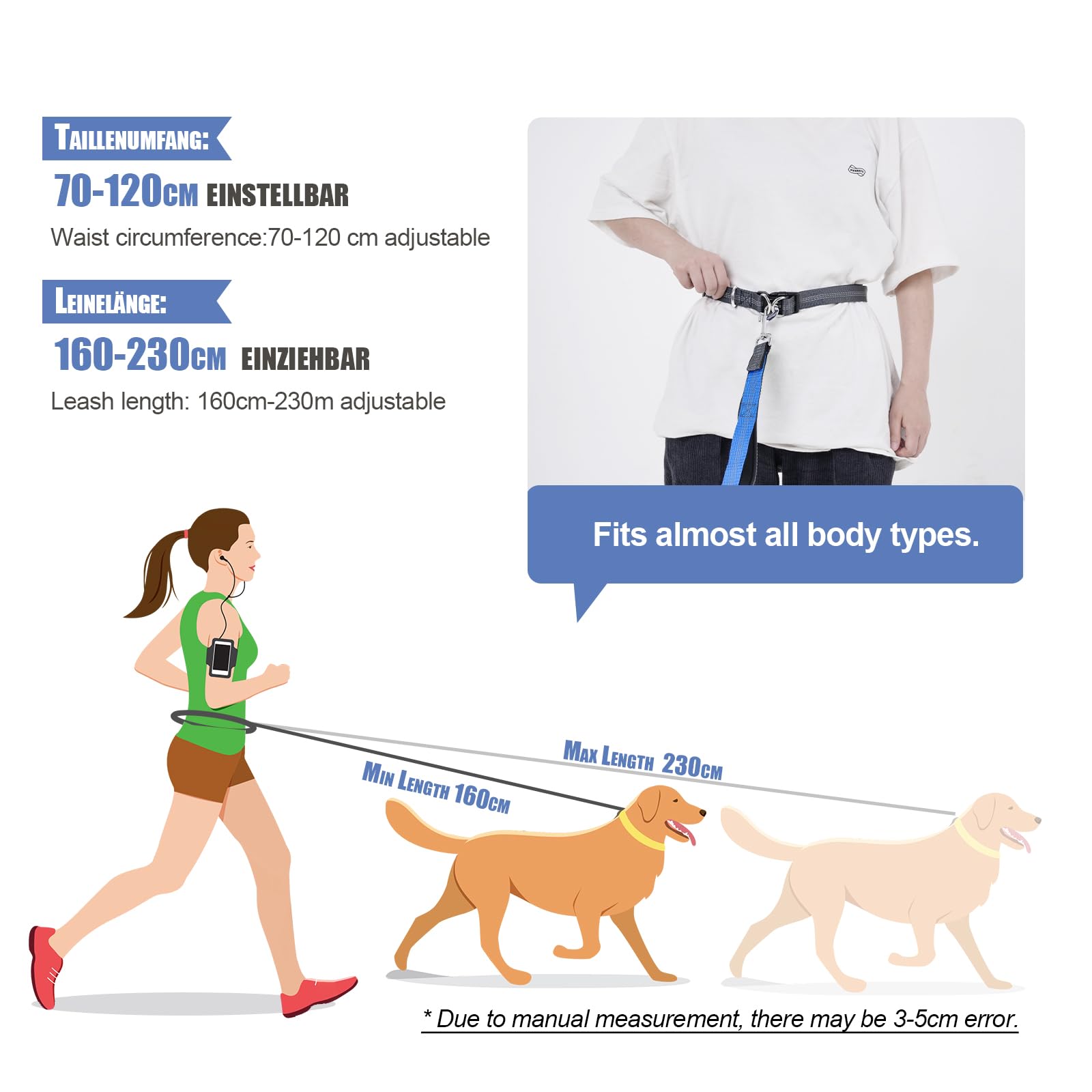 Smycz do biegania dla psów, jogging dla średnich i dużych psów, elastyczna i odblaskowa smycz dla psa, chowana smycz z podwójnym uchwytem i paskiem w talii