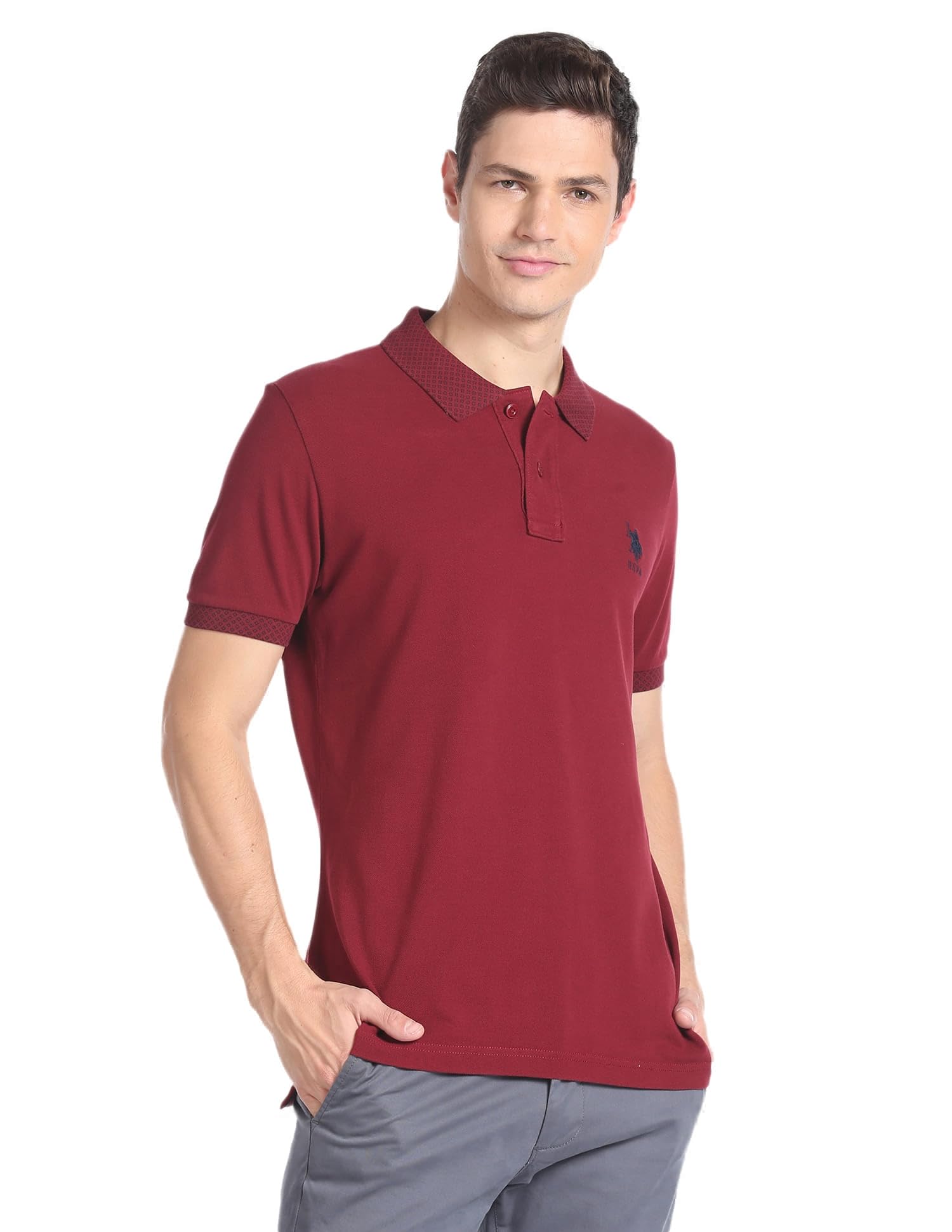 Men's Ribbed Collar Pure Cotton Slim Fit Polo Shirt-image-46