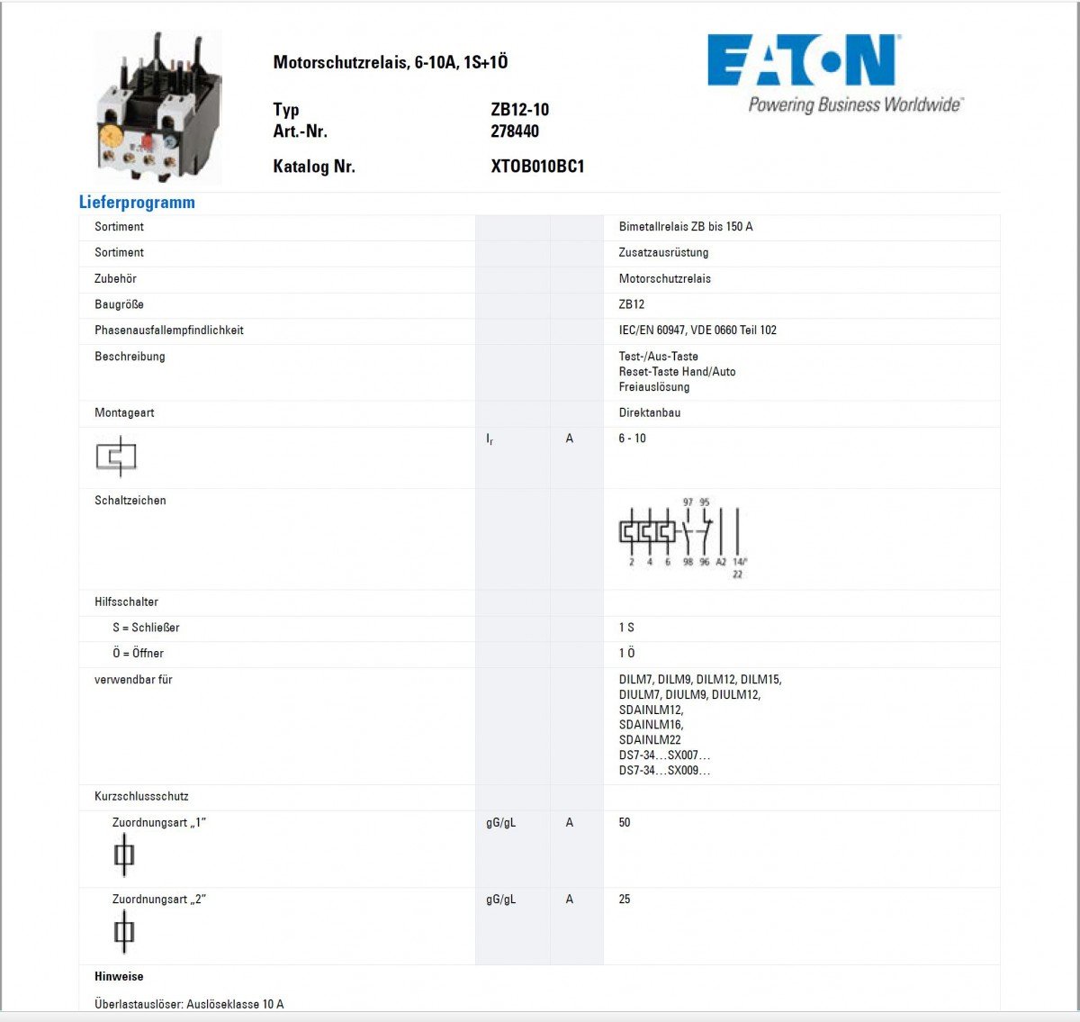 Eaton 278440 Motorschutzrelais, 6-10 A, 1 Schließer + 1 Öffner