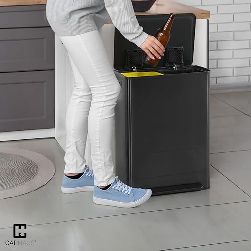 Miniatura 9 de CAPHAUS Bote de basura doble negro con una sola tapa, combo de contenedores de basura y reciclaje, cubo de basura de acero inoxidable manos libres