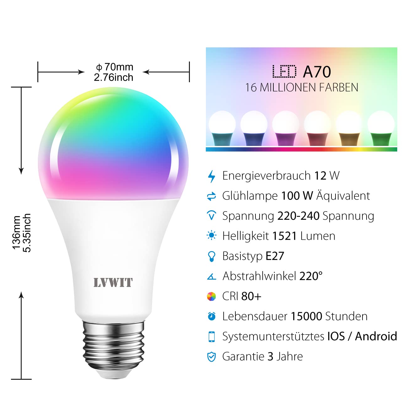 Smart Wifi Led Birne Geführte Birne 12W RGB A70 Bunte Fernsteuerungslampe Bluetooth Glühbirne E27 1521LM via App Dimmbar, kompatibel mit Google Assistant und Amazon alexa Echo und Echo Dot, 2pack
