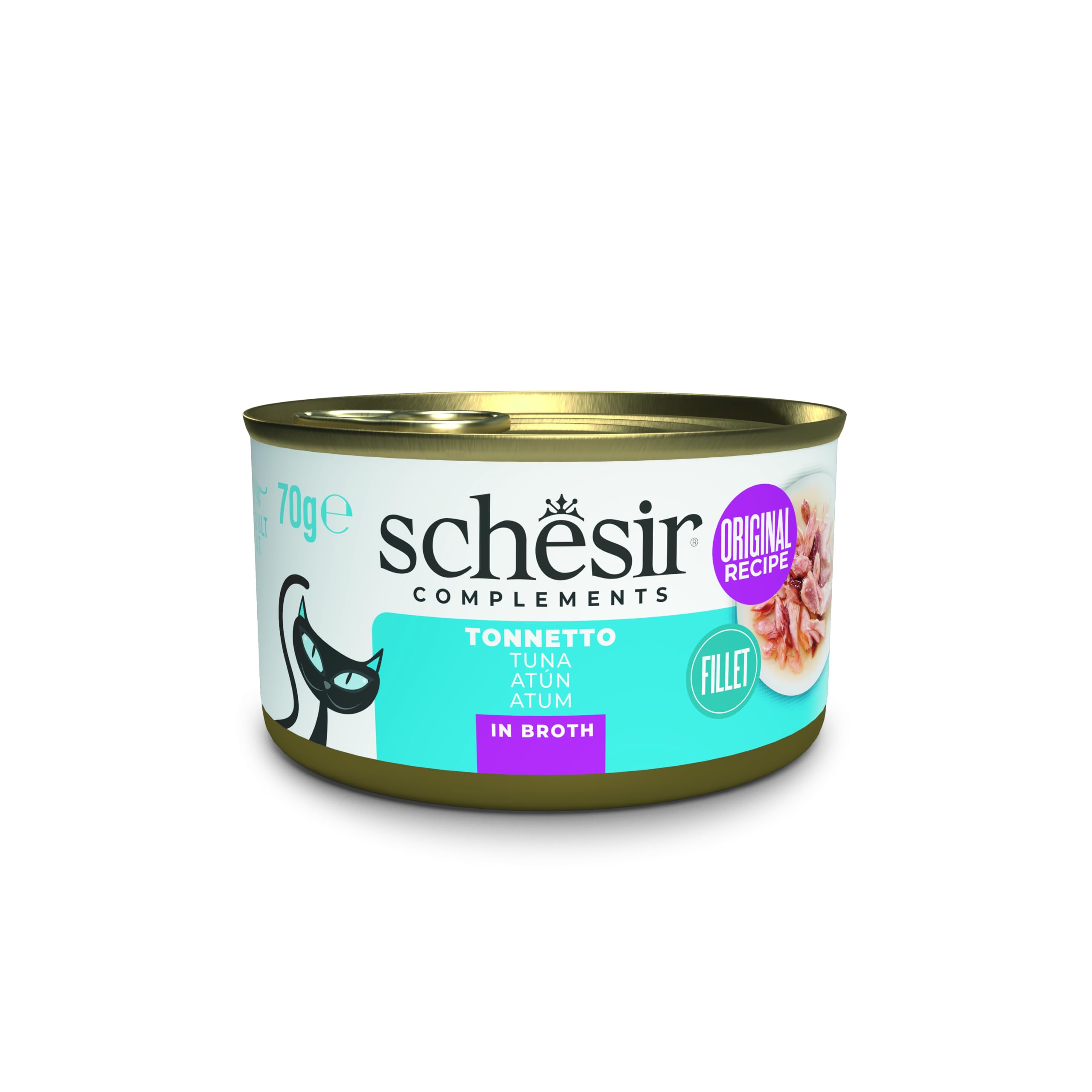 Schesir, Atún en Caldo, Comida húmeda complementaria para Gatos, Receta Original, 100% Natural, 12 latas de 70 g