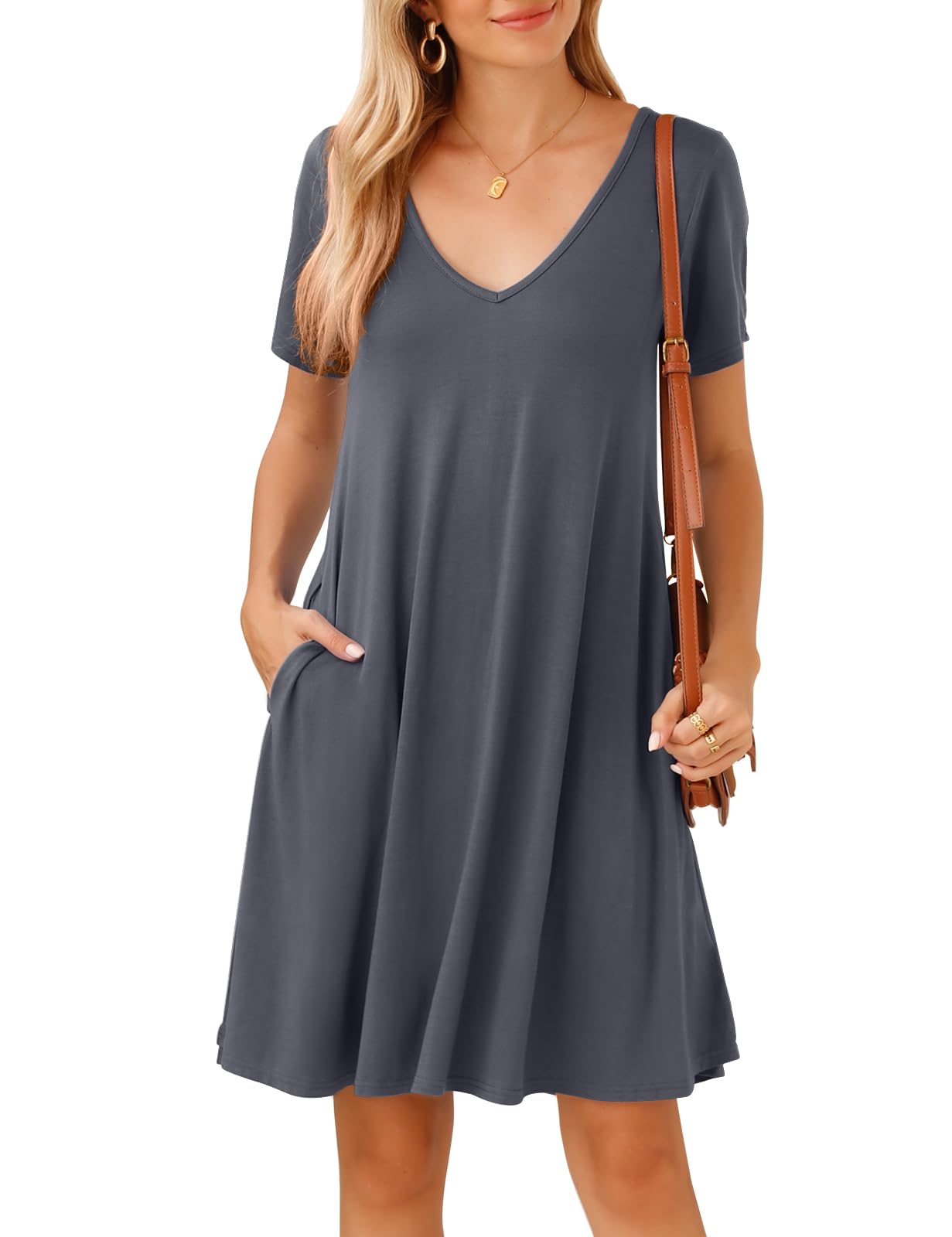JollieLovin Women T Shirt Plus Size Summer Swing Dresses Short Sleeve V Neck Loose Casual Dress(L-5X)