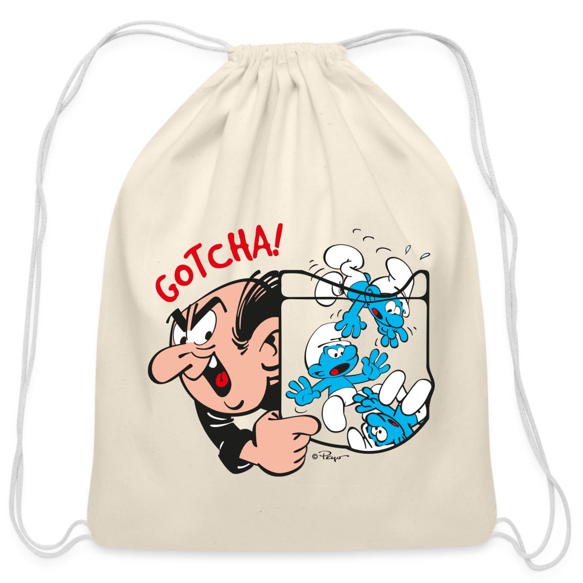 Spreadshirt The Smurfs Gargamel Catch Game - Animated Fun Design Cotton Drawstring Bag, One Size, natural, D1053260985P1367-56832-app77-size29