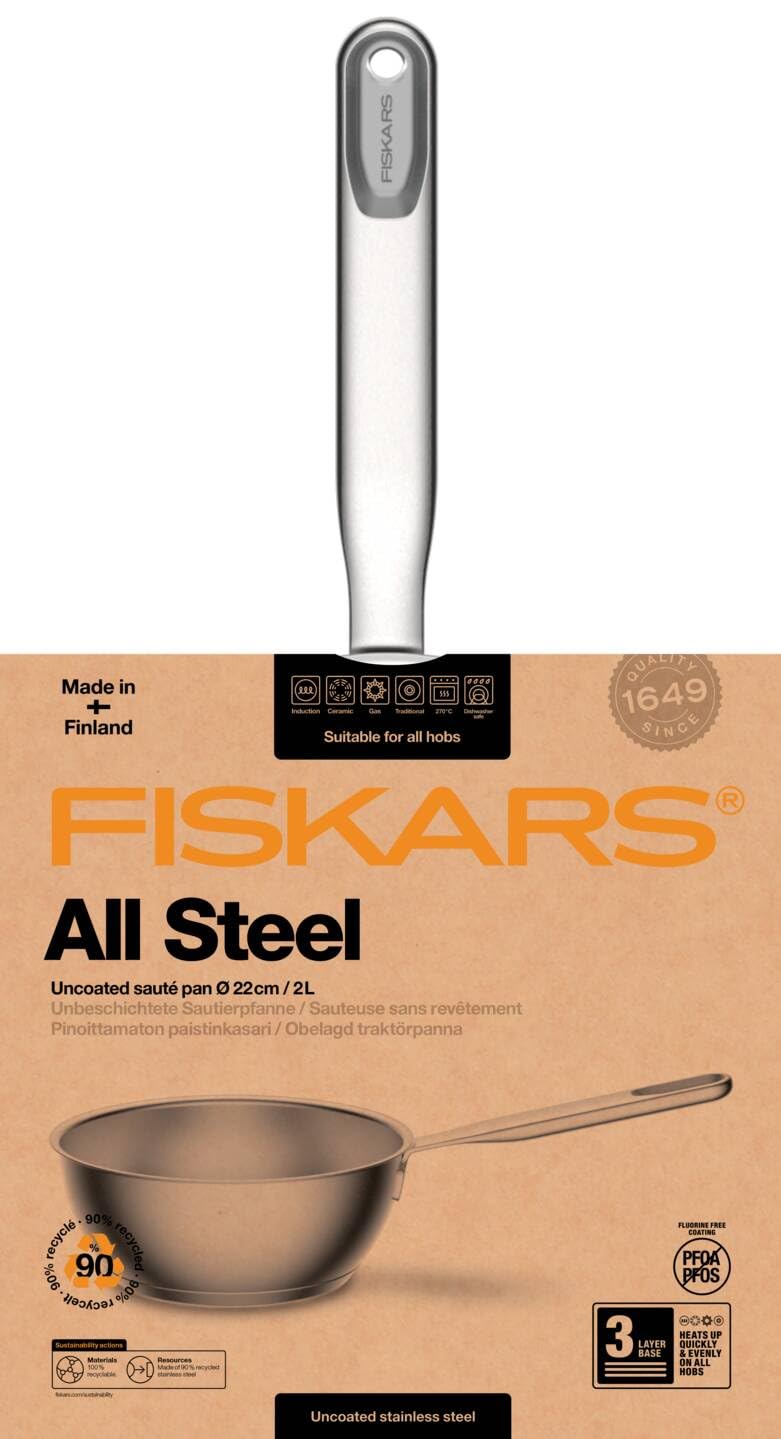 Fiskars Sauteuse, Ø 20 cm/ 2 L, Poêle non revêtue, Convient pour toutes les Cuisinières, Inox recyclé, All Steel, Argenté, 1064748