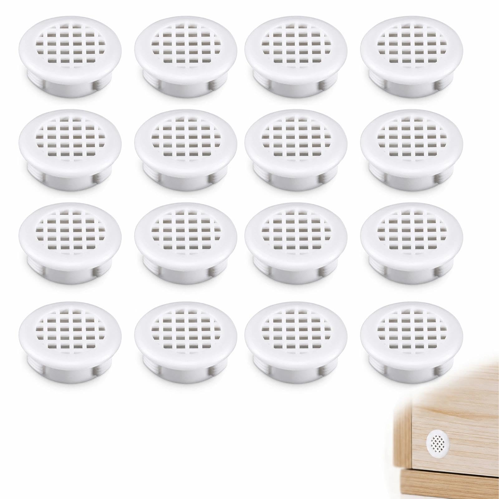 16Pcs Round Soffit Vents White 30mm Plastic Small Air Vents with Mesh Hole Louver Covers for Furniture Cabinet Shoe Cabinet Kitchen Drawer Wardrobe Ventilation Cover