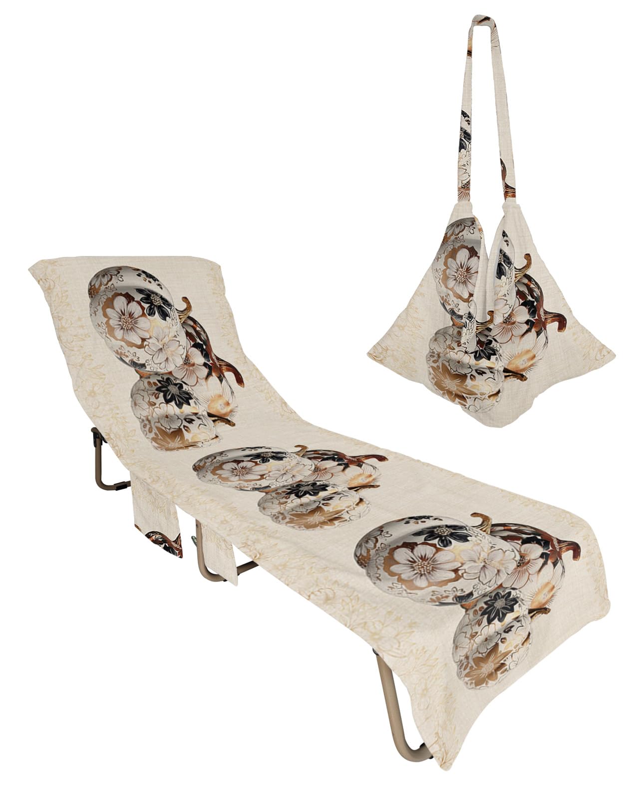 European Luxury Gold, Beach Lounge Chair Towel Cover, Soft Chaise Lounge Towel with Side Pockets Patio Pool Chairs Cover for Beach/Pool Sunbathing 29x85 Thanksgiving Fall Pumpkins Leaves