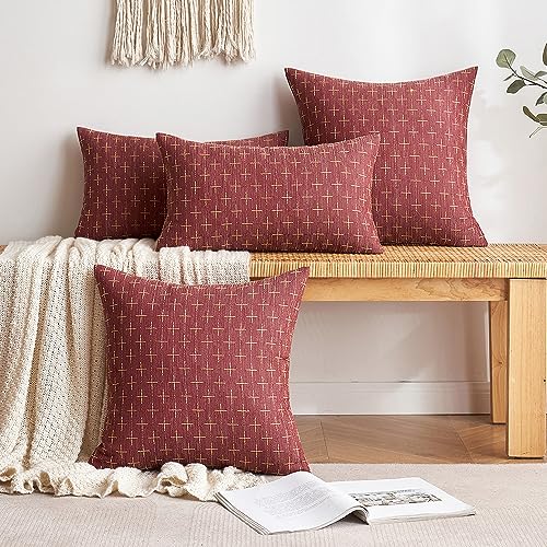 Miuleepackof2christmasdecorativeburlaplinenthrowpillowcoversmodernfarmhousepillowcaserusticwoventexturedcushioncoverforsofacouchbed18x18inchwinered  Urban Country Home Decor Miulee pack of 2 christmas decorative burlap linen throw pillow covers modern farmhouse pillowcase rustic woven textured cushion cover for sofa couch bed 18×18 inch wine red  urban country home decor