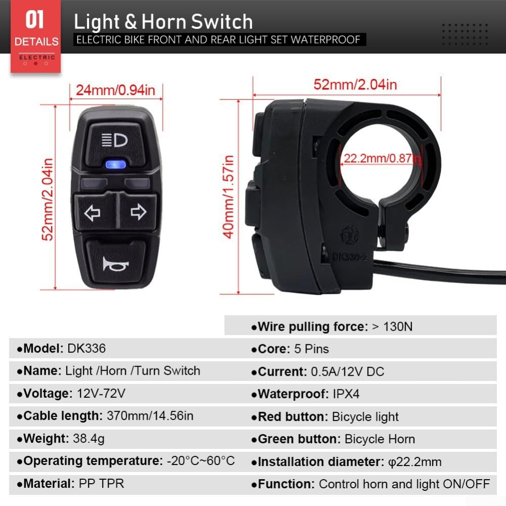 Honseadek Kit di luci per bicicletta elettrica impermeabile con luce del freno e indicatori di direzione, set di fari lampeggianti dinamici per la conversione di biciclette elettriche