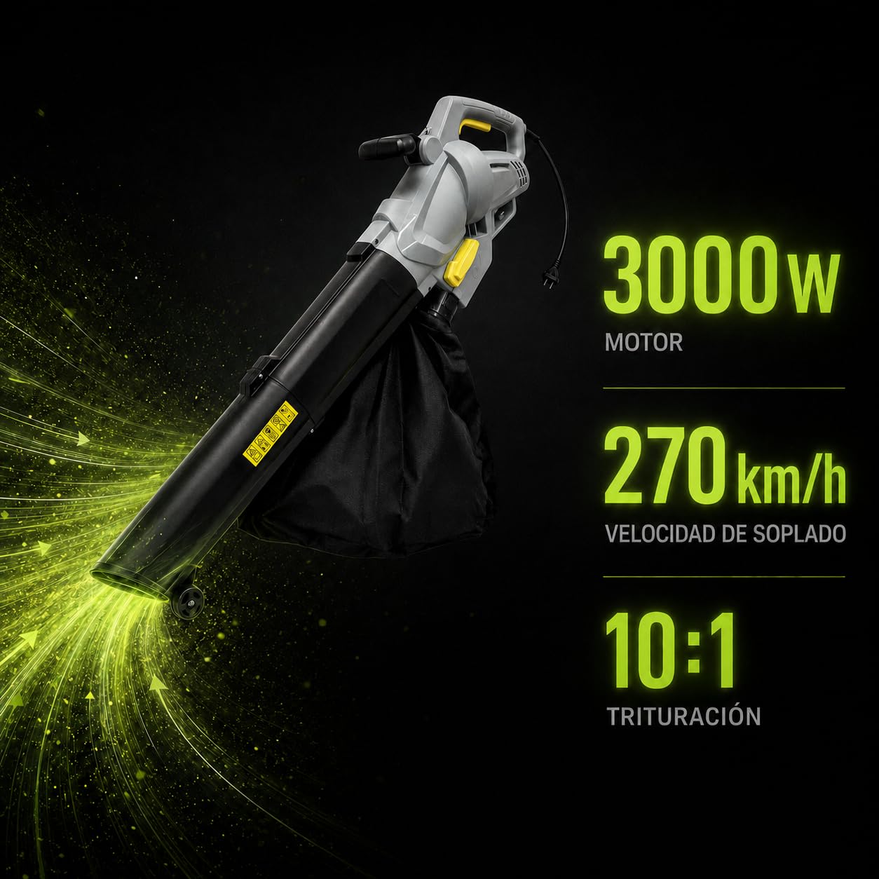 KOMBO - Soplador/Aspirador 3000W con Trituración 10:1, Velocidad 270 km/h, Bolsa 45L, con Ruedas Guía - para Hojas y Césped - Alimentación 230V