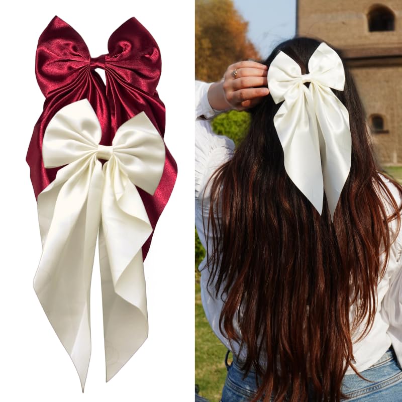 Image of 2 Pack Off White and Red - Hair Bows, Bow Clips for Women - Hair Clips, Luxury Satin Hair Bow Clips for Girls, Hair Clip - Cute Hair Accessories for Girls