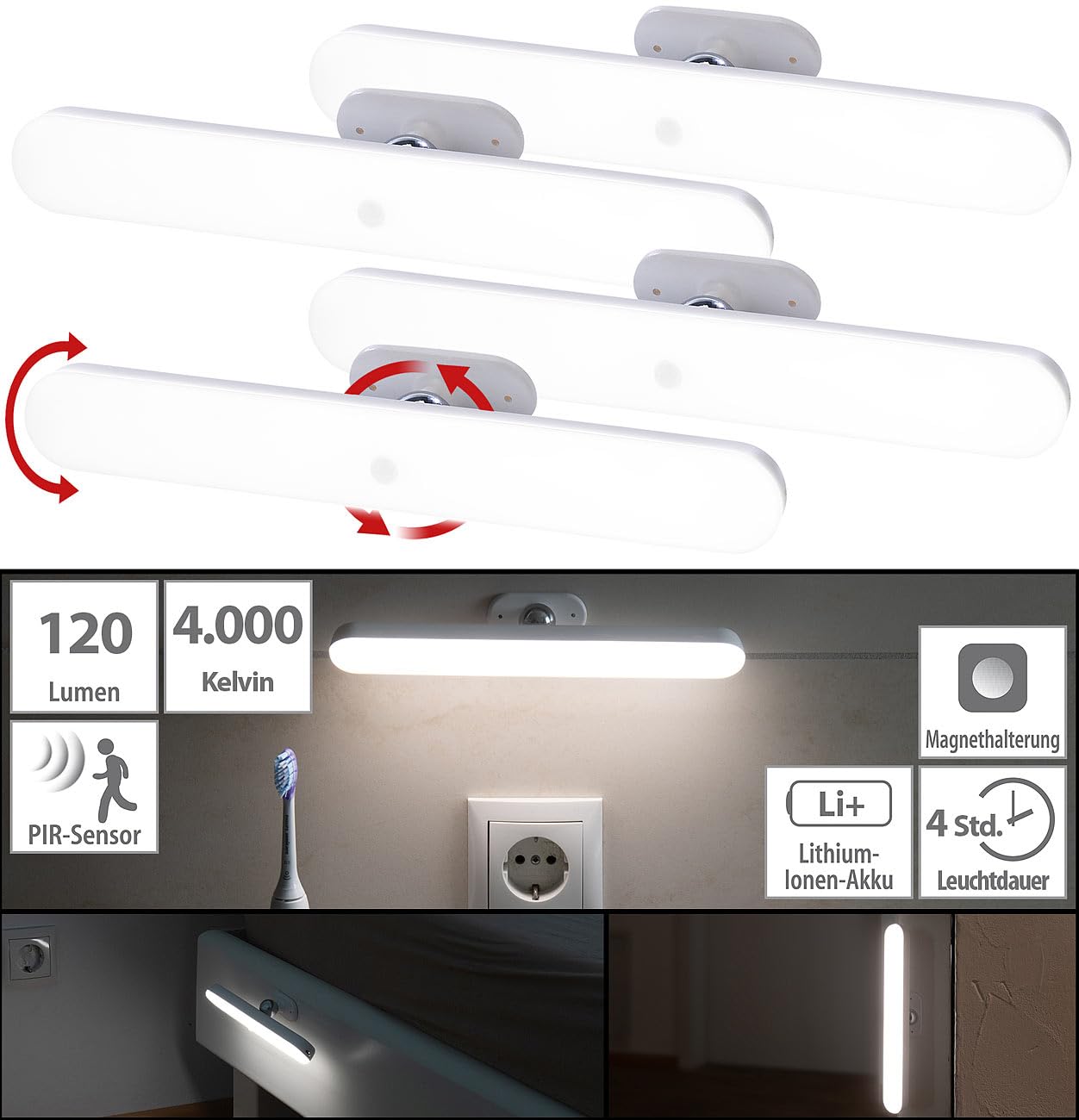 Lunartec LED-Leiste Küche: 4er-Set schwenkbare Akku-LED-Lichtleisten, PIR, 120 lm, tageslichtweiß (Schrankleuchte USB, Möbelleuchte, Möbel)