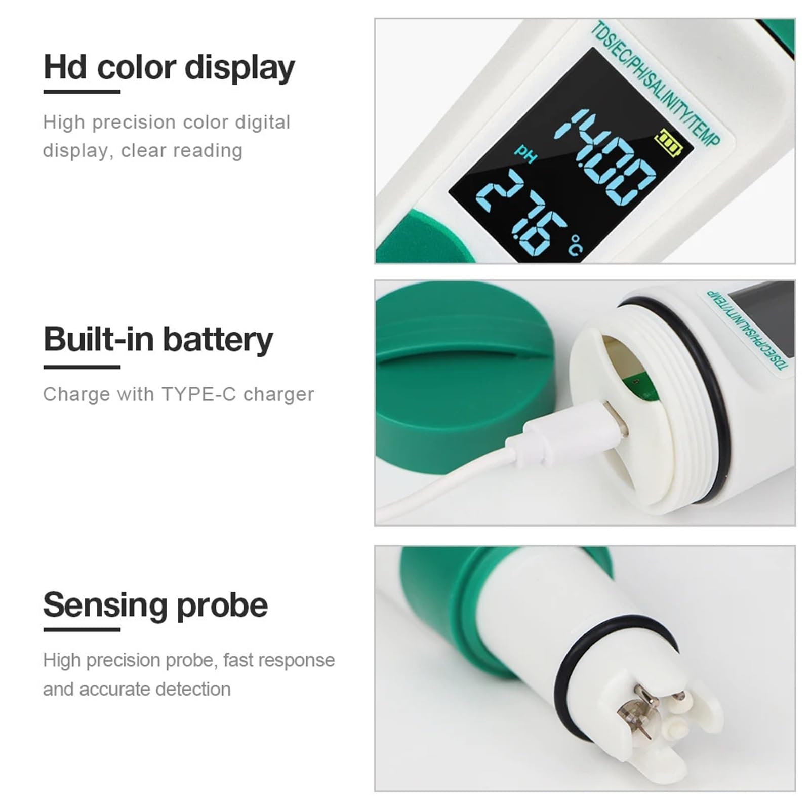 Testeur de pH 5 en 1, température, TDS, EC, salinité, Moniteur numérique Rechargeable qualité l'eau, testeur sel for Aquariums et piscines Précision portative