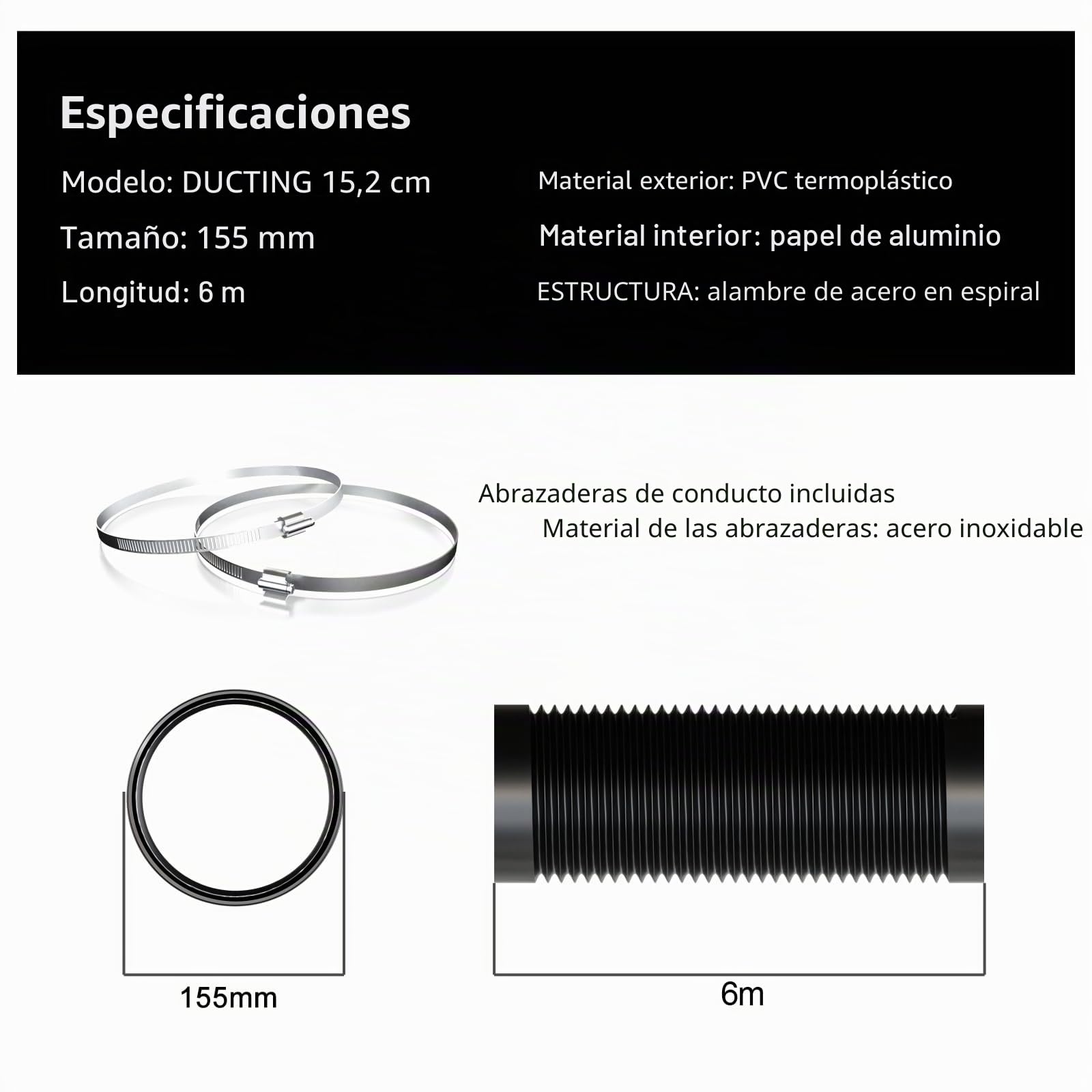 Aygrochy Manguera de ventilación de PVC de 150 mm, manguera de ventilación de 6 metros con 2 abrazaderas de manguera de acero inoxidable para aire acondicionado móvil, secadora, ventilador de